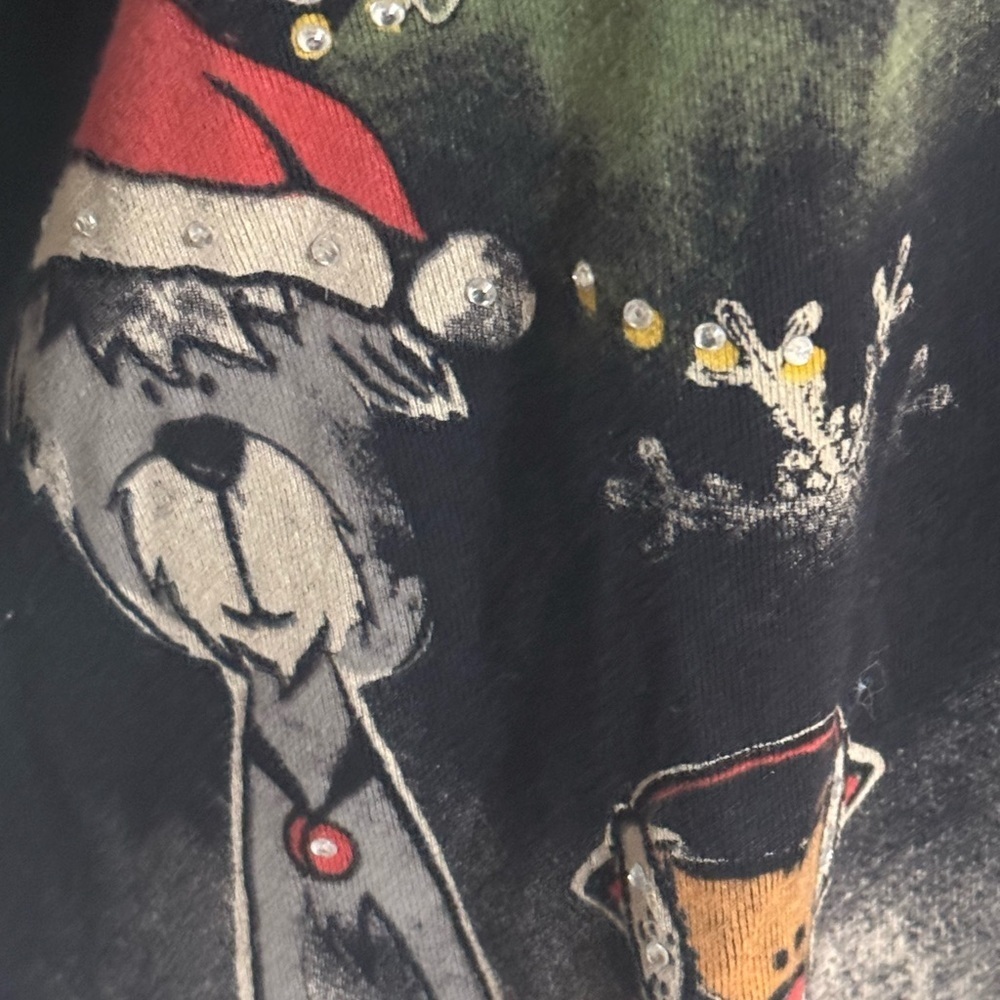 Jess & Jane Bow Wow Christmas Holiday Black Dog Shirt Size M Santa Hat Sweater - Picture 7 of 9